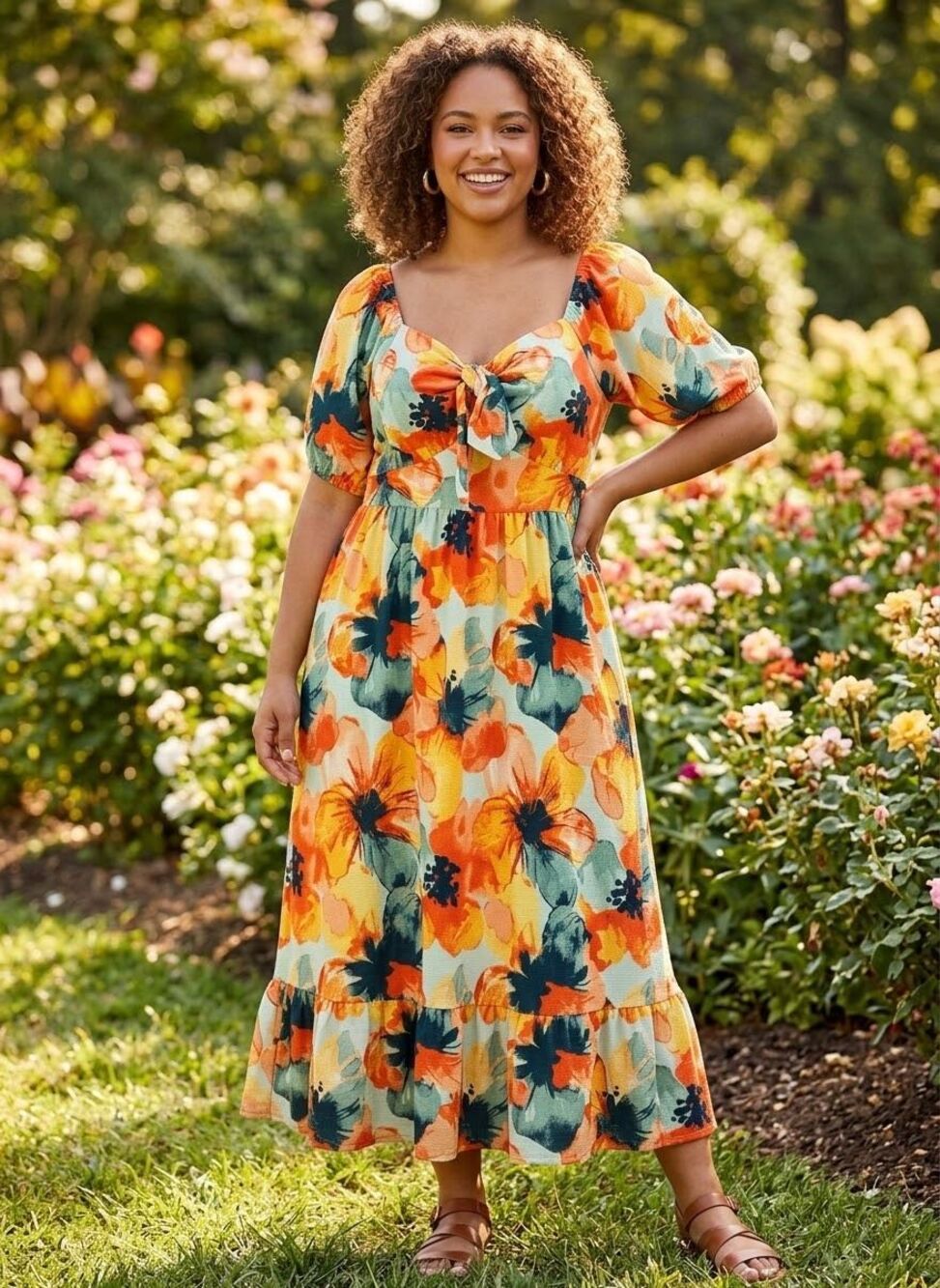 Cottagecore Garden Party Floral Midi Dress Plus Size 18/20W Tie Front Retro Boho
